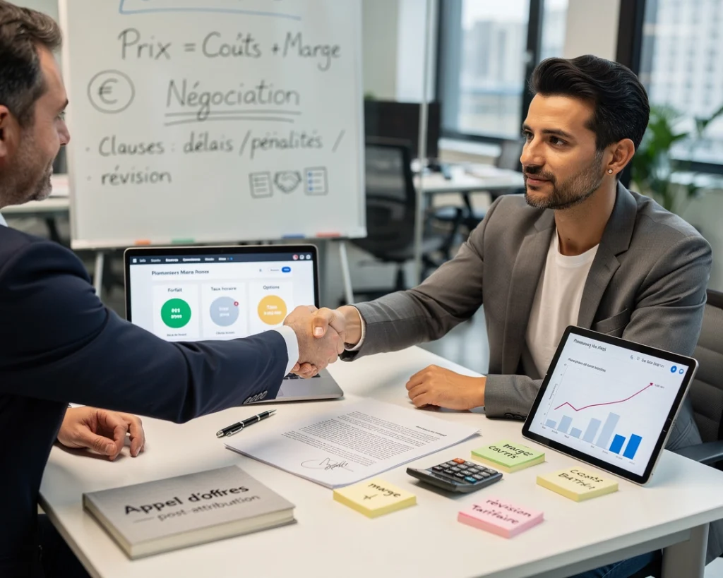 Deux hommes discutent d'un appel d'offres