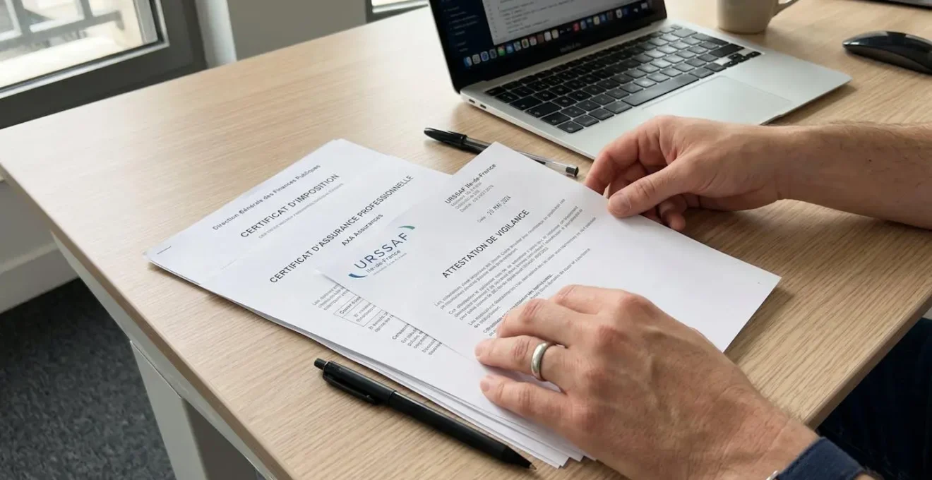 Des documents administratifs bien organisés (attestations URSSAF, fiscale, certificat d'assurance) disposés sur un bureau avec un stylo et un ordinateur en arrière-plan