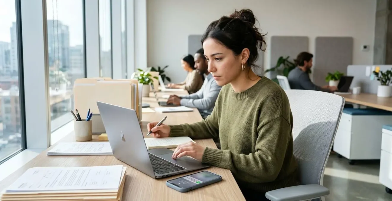 Un micro-entrepreneur consulte des appels d'offres sur son ordinateur portable dans un bureau lumineux moderne