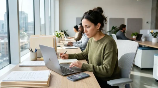 Un micro-entrepreneur consulte des appels d'offres sur son ordinateur portable dans un bureau lumineux moderne