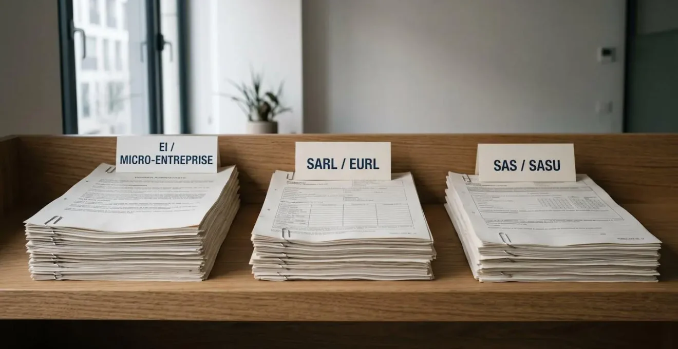 Trois classeurs colorés étiquetés EI, SARL et SAS avec des documents volants, illustrant la segmentation des justificatifs par statut juridique