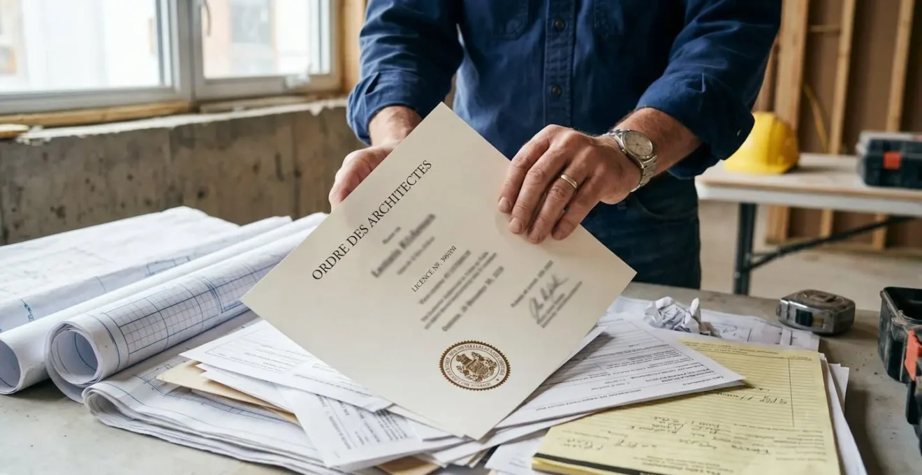 Trois icônes symbolisant les professions réglementées (santé, justice, finance) avec documents spécifiques en français