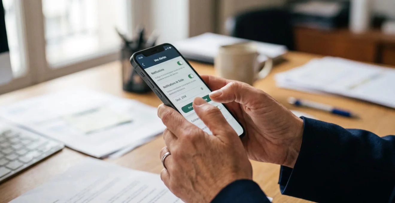 Gros plan sur les mains d'un professionnel paramétrant des alertes automatiques dans son application bancaire mobile.