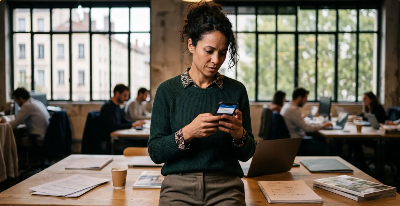Une professionnelle consulte rapidement son solde bancaire sur son smartphone en se déplaçant dans son espace de travail.